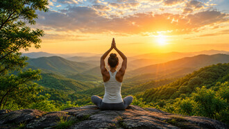 Meditating before the rising sun with hands joined overhead, representing awakening, consciousness, and inner light