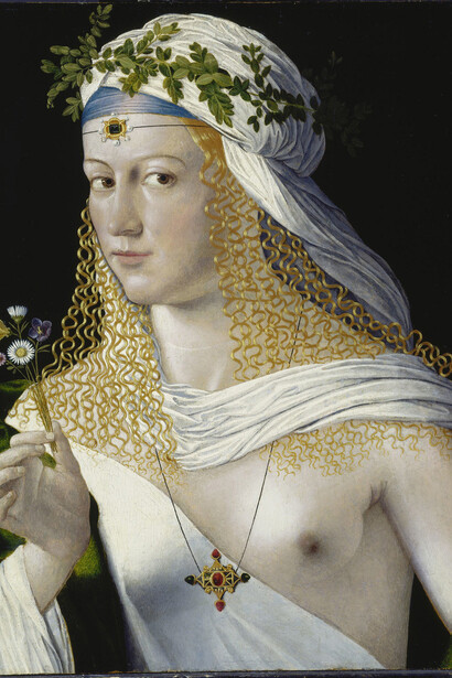 Bartolomeo Veneto, Idealised Portrait of a Courtesan as Flora, c. 1552. Mixed technique on poplar, 43.6 x 34.6 cm. Städel Museum, Frankfurt am Main