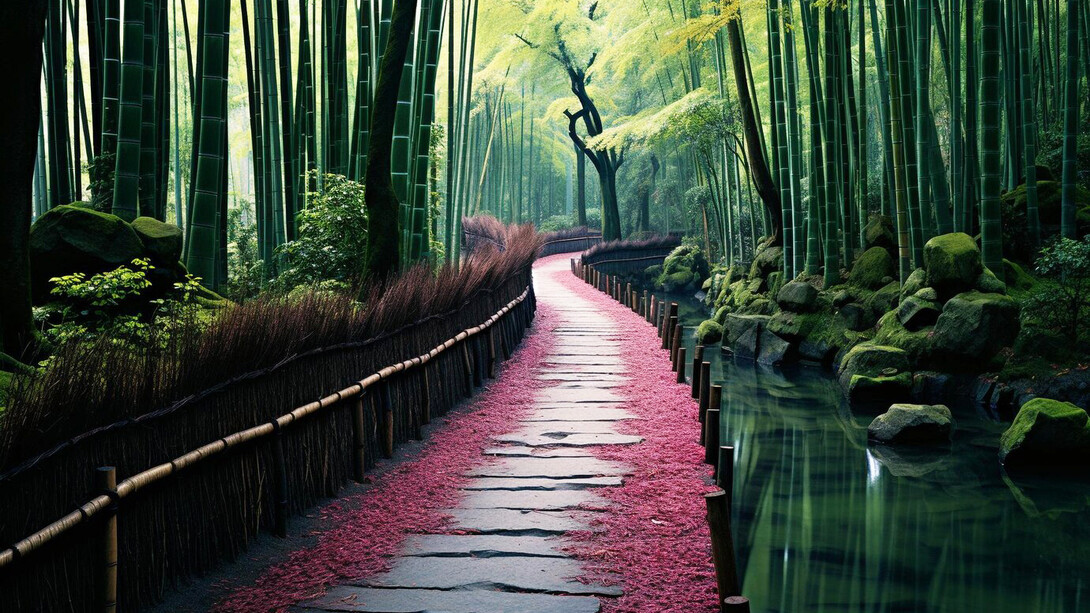 Serene tranquility of a lush green forest, where a winding path invites contemplative walks amidst the enchanting beauty of nature