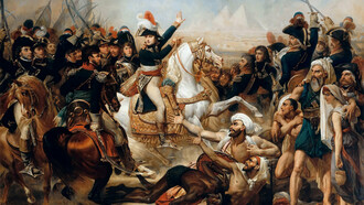 Antoine-Jean Gros (1771-1835). «La batalla de las pirámides»
Pintura militar napoleónica, encargada en 1809 por el Senado imperial para decorar la sala de sus sesiones. Actualmente expuesto en el museo de Versalles, representa el momento ya legendario en el que Bonaparte arenga a sus tropas: «¡Soldados! ¡Desde lo alto de estas pirámides, cuarenta siglos os contemplan!». Gros inscribe al general en la concepción clásica del héroe victorioso en un lienzo cuya apariencia superior se ve acentuada por el entorno de militares difuminados. 1810, óleo sobre lienzo. Palacio de Versalles, Francia