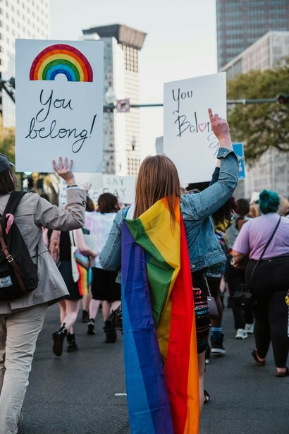 LGBTQ+ activists marching at Christopher Street Day (CSD) 2021 in Stuttgart, Germany