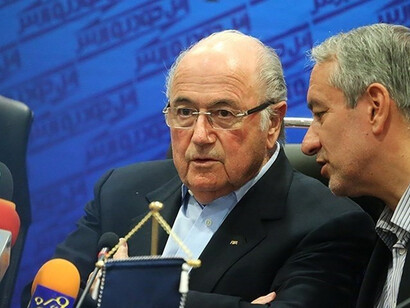 FIFA President Sepp Blatter in a press conference and Football Federation of Islamic Republic of Iran President Ali Kafashian in a press conference in Tehran