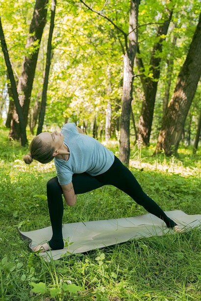 Woman gazes upwards during yoga