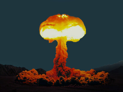 The ominous rise of a mushroom cloud following a nuclear explosion in the desert, illustrating the catastrophic impact of a hydrogen bomb test on the environment