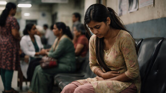 A young woman waits in a crowded hospital, her pain quieted not by relief, but by stigma