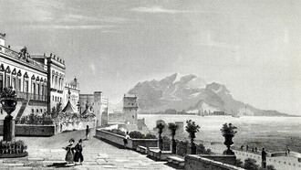 Palermo e Palazzo Butera in una acquaforte del 1834 di Aubert in "L'Italie : la Sicile, les Iles Éoliennes, l'Ile d'Elbe, la Sardaigne, Malte, l'Ile de Calypso, etc.", AA. VV.