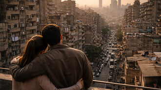 A young couple overlooking a dense urban skyline reflects the uncertainty many younger generations feel about building families amid economic pressure, environmental anxiety, and an increasingly unpredictable future