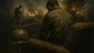 An empty military uniform draped over a worn sofa captures the silent weight of war’s aftermath — a haunting reflection of absence, memory, and the unseen wounds of conflict