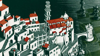 Maurits Cornelis Escher (1898-1972). Metamorfosis III, (detalle Atrani) xilografía, 1939-1940 / 1967-1968 en Het Paleis que es un museo que exhibe las obras del artista gráfico neerlandés Escher. El Palacio Lange Voorhout exibe a Escher desde noviembre de 2002, La Haya, Holanda