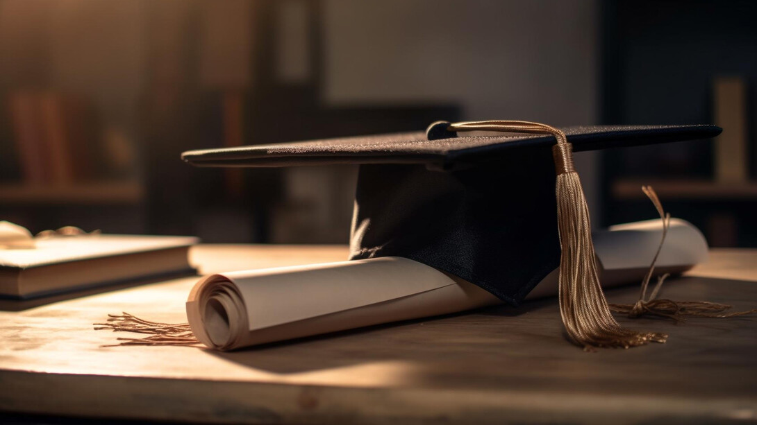 An image of a stack of diplomas resting on a vintage bookshelf background, symbolizing the achievements of university education and graduation