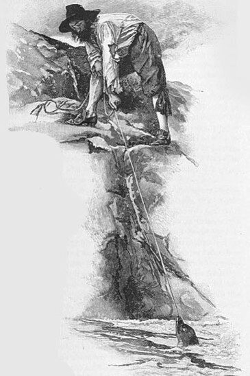 Robinson Crusoe pescando para conseguir su subsistencia, ilustrado por Walter Paget en "La vida y las extrañas y sorprendentes aventuras de Robinson Crusoe", Daniel Defoe, 1891