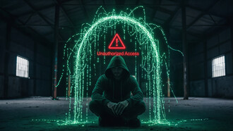 A man surrounded by falling data fragments under an “unauthorised access” alert, representing the fragile boundaries of enterprise security