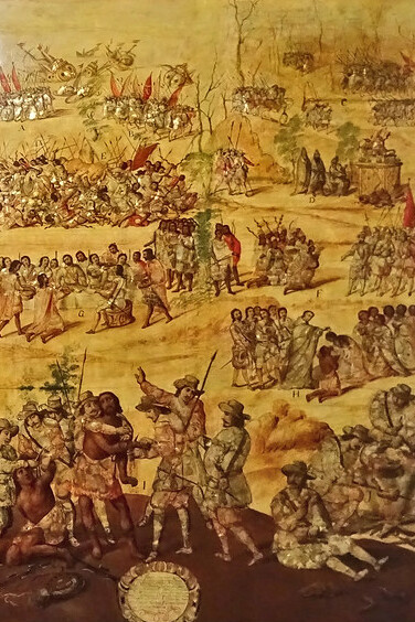 Panel de Conquista de México, enconchado en el Museo de América, Madrid, España