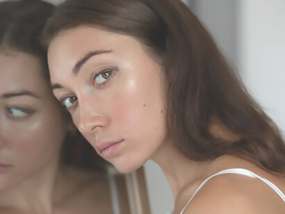 Delve into the exploration of self-understanding and personal growth through the evocative image of a woman studying her reflection in the mirror