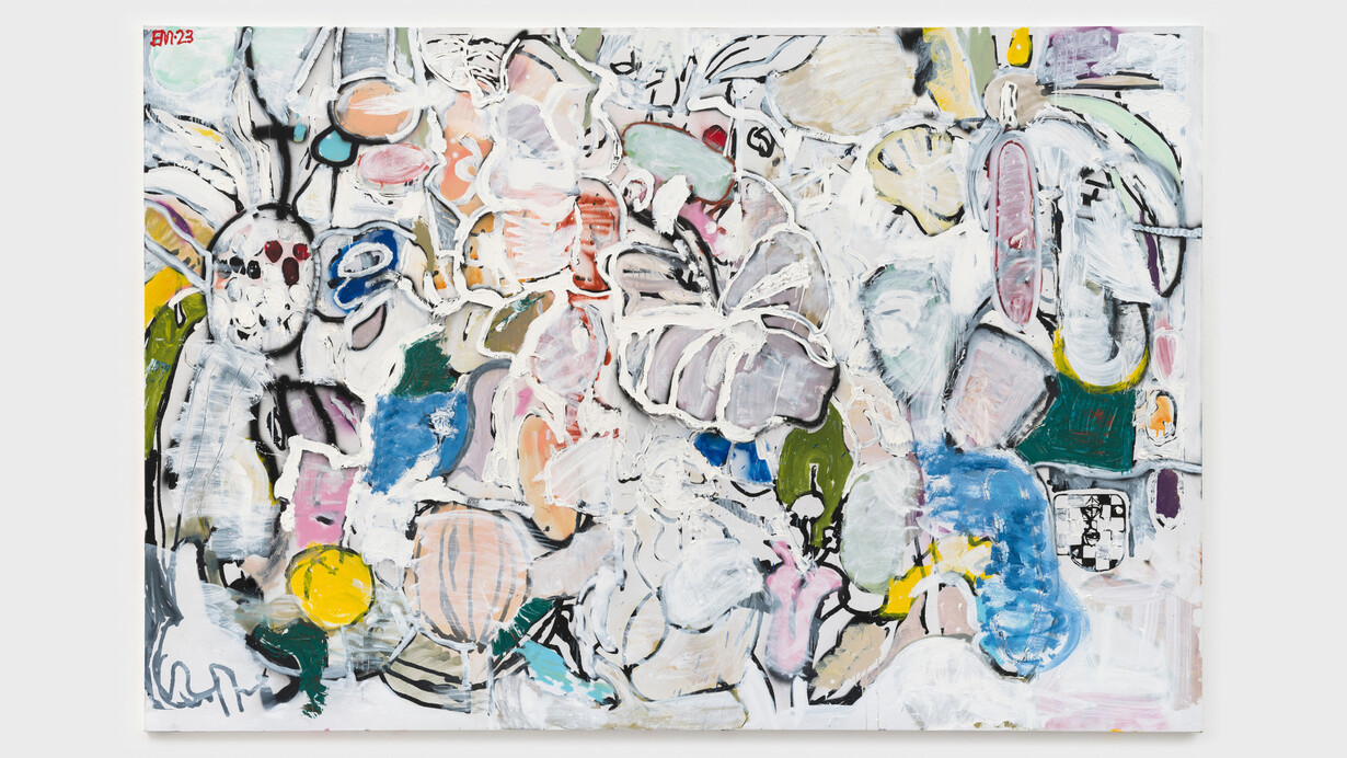 Eddie Martinez, Recent Growth, 2023, Oil,
acrylic, spray paint and silkscreen ink on linen, 72 by 108 in. 182.9 by 274.3 cm. © Eddie
Martinez. Courtesy of the artist and Mitchell-Innes & Nash, New York.
