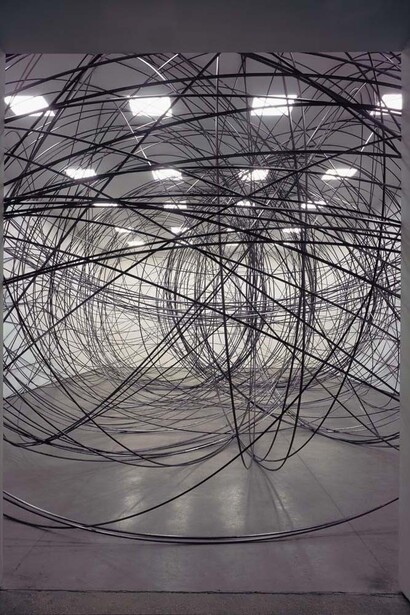 Antony Gormley,
CLEARING I, 2004.
10 km of 12.7 mm square section 16 swg aluminium tube. Dimensions variable. Installation view, White Cube, London, England. Photograph by Stephen White, London © the artist.