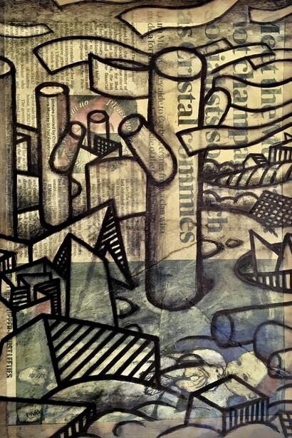 Stump, carbon ink, newspaper on cardboard Mark Weighton, 2022