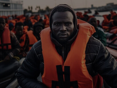 People wearing life jackets aboard boats navigating the Mediterranean Sea during a migration crisis from Africa