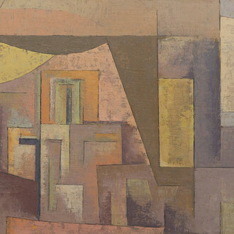 Karl Benjamin, Brown, pink and yellow (detail), 1953. Courtesy of Louis Stern Fine Arts