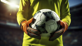 A goalkeeper confidently catches a soccer ball during a match, showcasing agility and skill in a crucial moment of the game