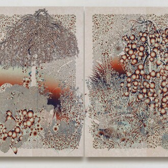 Andy Millner, Floating World (Bird Nest on the Ground), 2024,
Pigment print, mulberry paper on linen; diptych,
78 x 108 inches overall. Courtesy of the artist and Heather Gaudio Fine Art