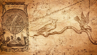 A vintage-style composition inspired by ancient star maps, featuring an armillary globe, constellations, and zodiac symbols that evoke the early age of astronomy