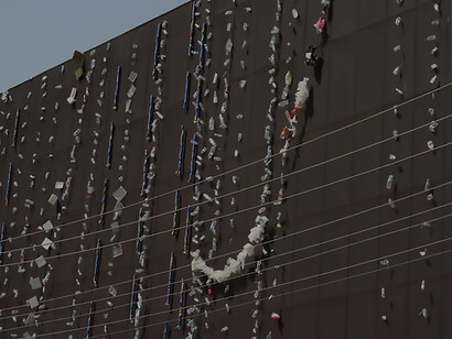 A towering edifice draped with an assortment of suspended plastic objects, serving as a poignant visual statement to underscore the urgent challenge of plastic pollution, Yalove, Turkey
