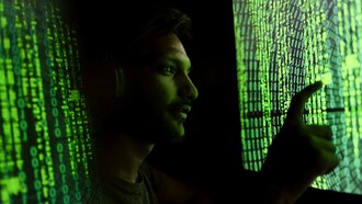 A person surrounded by floating algorithms symbolizes the overwhelming presence of AI in modern life