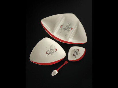 Design by Peter Forster, Orbit pattern earthenware platter, side plate, jam dish and spoon, c1957. Courtesy of National Museums Scotland
