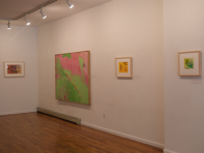 Cynthia Hawkins, (right to left) Untitled #2, Monotype 2004, Yellow Acorn, Casein
and Ink, 2002, Untitled, Acrylic on Canvas, 1988, Untitled, Watercolor, 1997