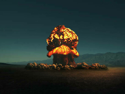 A catastrophic nuclear explosion with a mushroom cloud rising over a desert, depicting a hydrogen bomb test and the devastating effects of nuclear warfare