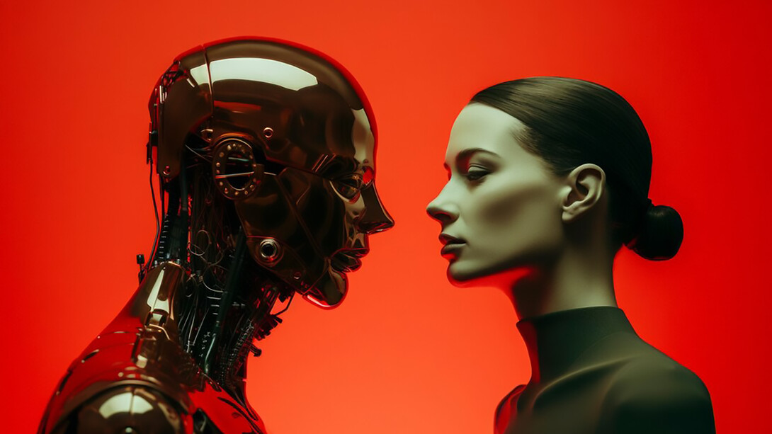 Robot and a woman are looking at each other