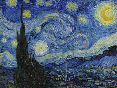 "The Starry Night" artwork by Vincent Van Gogh, painted in June 1888 in Arles, in the south of France, depicting the view from the east-facing window of his asylum room at the Saint Paul-de-Mausole asylum just before sunrise, with the addition of an imaginary village