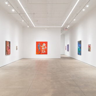 Hortensia Mi Kafchin, Paintings made for aliens above, exhibition view. Courtesy of P·P·O·W