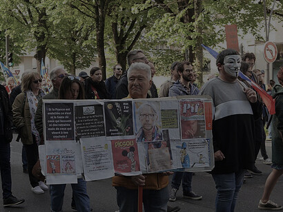 A demonstration took place on May 1, 2023, in Reims, France, against the 2023 pension reform