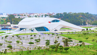 The Grand Theatre of Rabat set within expansive green spaces, reflecting Morocco’s commitment to creativity and sustainability