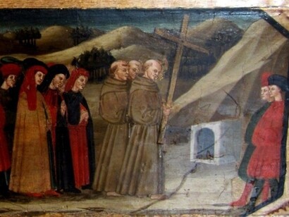 Neri di Bicci, *La Madonna della Misericordia*, 1456, predella con storie di San Bernardino, particolare della *Distruzione della fonte*, Museo Nazionale d’Arte Medievale e Moderna di Arezzo