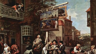 "Buscando votos", óleo sobre lienzo, William Hogarth, 1754-1755