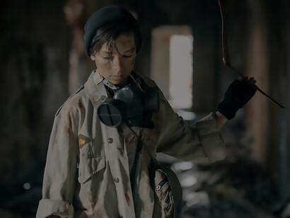 Amidst a dystopian vision of the future, a solitary child navigates the desolation of a crumbling structure, an oxygen mask hanging around her neck, encapsulating the eerie ambiance