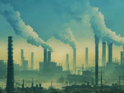 The juxtaposition of industrial structures against a polluted backdrop underscores the conflict between economic development and environmental responsibility in today’s world