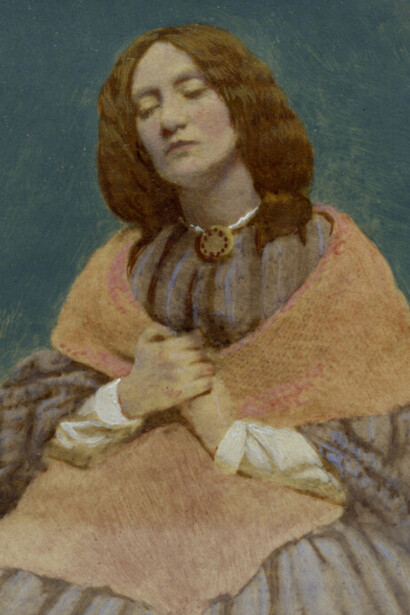 Dante Gabriel Rossetti’s Elizabeth Eleanor Siddal is a miniature painted in gouache over a photograph, attributed to Rossetti, the English poet and leader of the Pre-Raphaelite Brotherhood