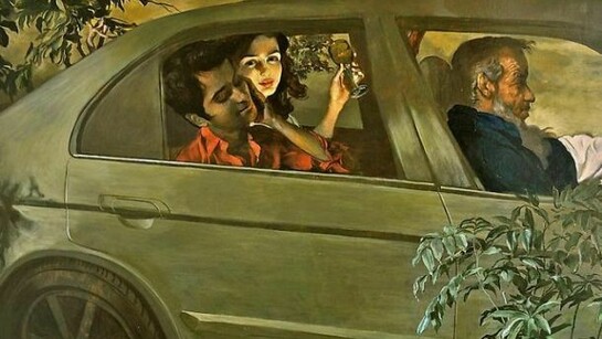 Salman Toor, Girl and boy with driver, 2013, Oil on canvas, 53 x 58 in.