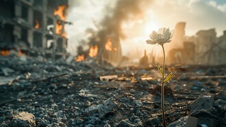 In the shattered landscape of war, a single white flower rises from the rubble of a bombed-out city, defying the smoke and flame that engulf the ruins behind it, as a quiet meditation on resilience and grief
