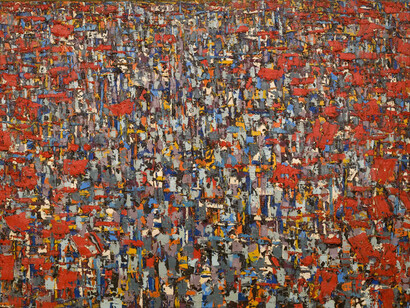 Ablade Glover, Red Market II, 2003, Oil on Canvas, 102 x 102 cm. Photo by Jonathan Greet. Image courtesy of October Gallery