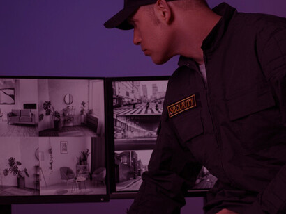 A security guard monitoring screens and radio communications in a control room