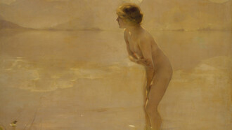 Paul Émile Chabas (1869-1937) «Mañana de septiembre», hacia 1912, óleo sobre lienzo. Un joven desnudo de aspecto andrógino se yergue en actitud defensiva en el agua, que le llega hasta las rodillas, mientras contempla una vista del lago en tonos sepia. Museo Metropolitano de Arte, Nueva York, EE. UU.