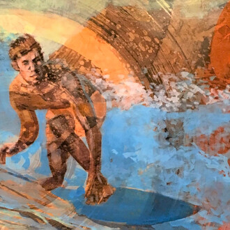 Carol Bennett, Malibu Dawn Patrol, mixed media on wood panel, 22.5 x 30 framed to 28 x 35 (detail). Courtesy of Elisa contemporary art