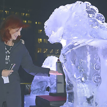 Festival Director Git Scheynius inaugurates Ai Weiwei ice sculptures at Norrmalmstorg before the Stockholm International Film Festival 2014