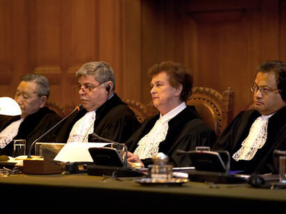 The judges of the International Court of Justice presiding over a hearing session in the courtroom