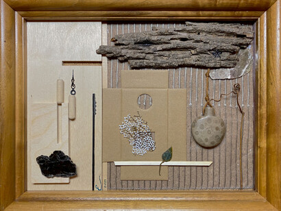 Ellen Burnett, And the ghosts they whisper thus, and thus, 2021, 10hx13wx1.5d, mixed media, including wood, fabric, cork, mica, bone, nephrite, ebony, metal, bark, grapevine, cardboard, seaweed, cotton thread, fossil coral. Courtesy the artist and Viridian Artists, NYC